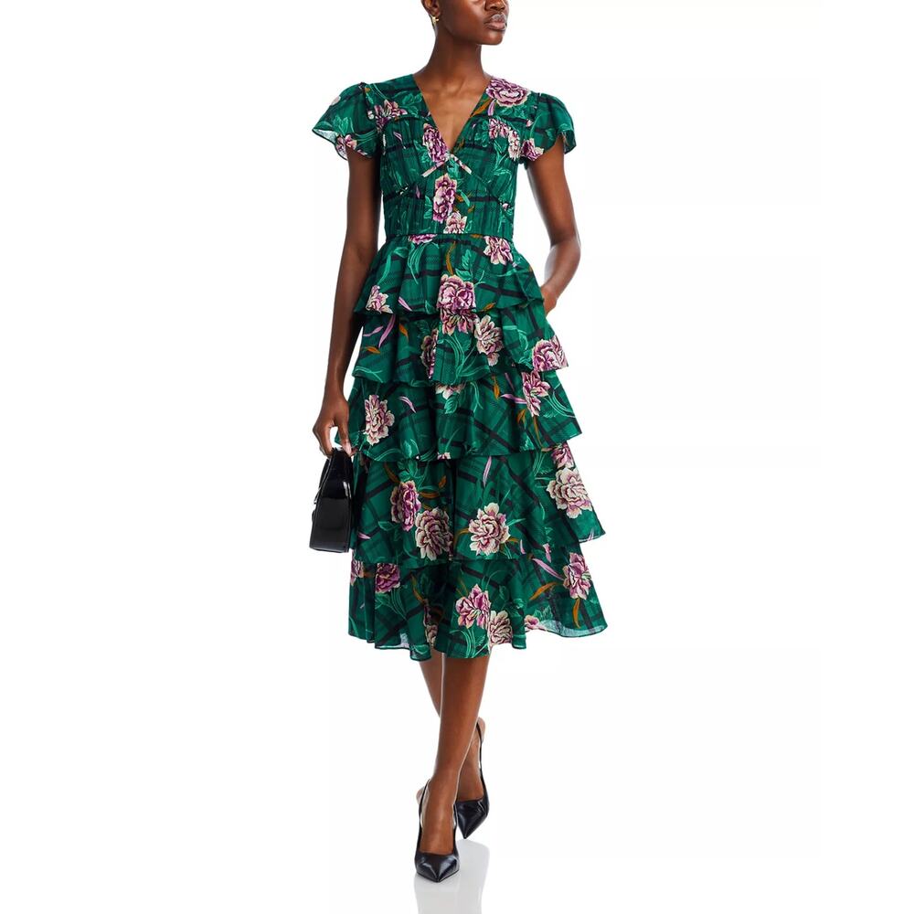 Banjanan Green Floral Tiered Midi Dress with Pink Accents